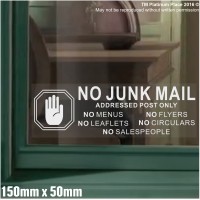 No Junk Mail-HAND DESIGN-WINDOW VERSION-Leaflets,Menus,Flyers,Circulars,Salespeople-Warning House Post-Salesman,Mail,Box-Self Adhesive Vinyl Door Notice Sign